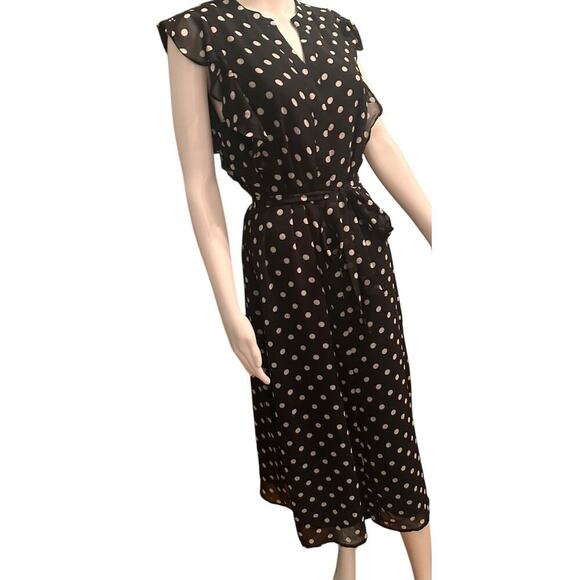 Who What Wear Polka Dot Flowy Belted Flutter Sleeve Midi Dress Sz M Black White - Picture 8 of 14